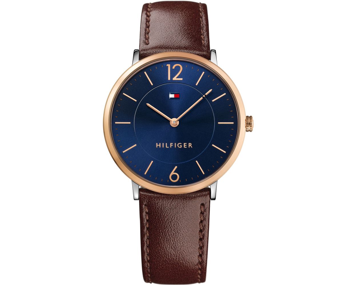Tommy Hilfiger James 1710354 herrklocka med brunt läderarmband och roséfärgad boett, visad framifrån.