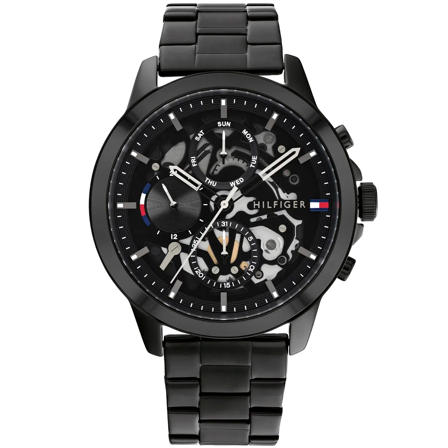 Tommy Hilfiger Henry 1710478 herrklocka med svart stålarmband och svart boett, visad framifrån.