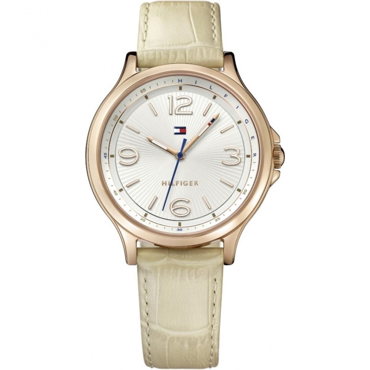 Tommy Hilfiger Amelia P4-1781710 damklocka med cremefärgat silikonarmband och roséguldfärgad boett, visad framifrån.