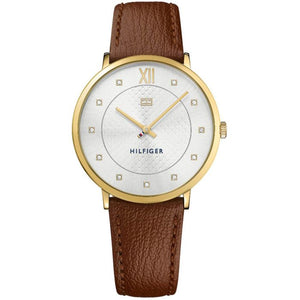 Tommy Hilfiger Sloane 1781809 damklocka med brunt läderarmband och guldfärgad boett, visad framifrån.