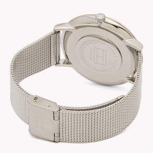 Tommy Hilfiger Sloane 1781811 damklocka med silverfärgat stålarmband och roséguldfärgad boett, visad framifrån.