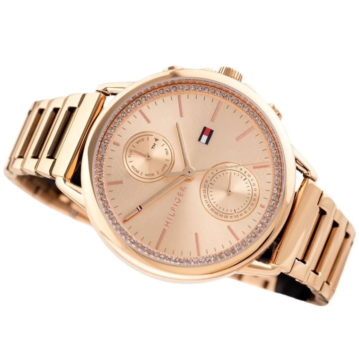 Tommy Hilfiger Carly 1781915 damklocka med roséguldfärgat stålarmband och roséguldfärgad boett, visad framifrån.