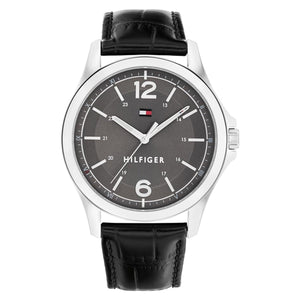 Tommy Hilfiger Essential 1791376 herrklocka med svart läderarmband och silver boett, visad framifrån.
