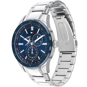 Tommy Hilfiger Austin 1791640 herrklocka med silverfärgat stålarmband och blå urtavla, visad framifrån.