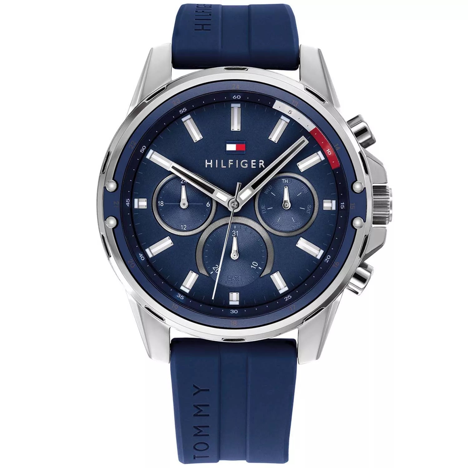 Tommy Hilfiger Mason 1791791 herrklocka med blått silikonarmband och silver boett, visad framifrån.