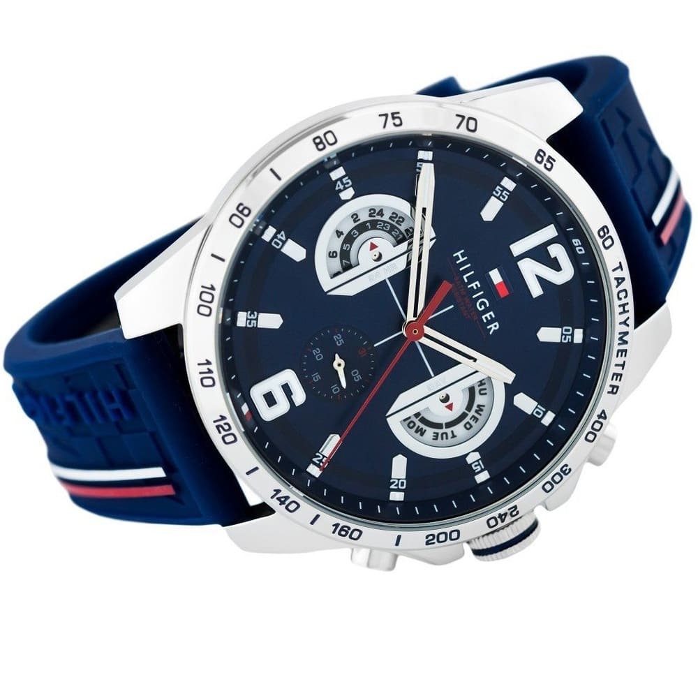 Tommy Hilfiger Decker 1791476 herrklocka med blått silikonarmband och silver boett, visad framifrån.