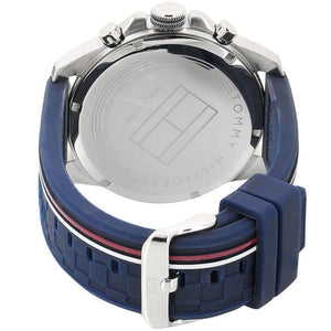 Tommy Hilfiger Decker 1791476 herrklocka med blått silikonarmband och silver boett, visad framifrån.
