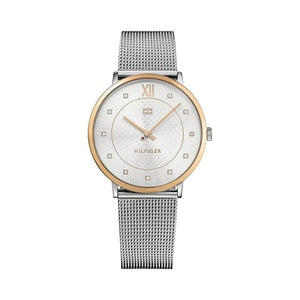 Tommy Hilfiger Sloane 1781811 damklocka med silverfärgat stålarmband och roséguldfärgad boett, visad framifrån.