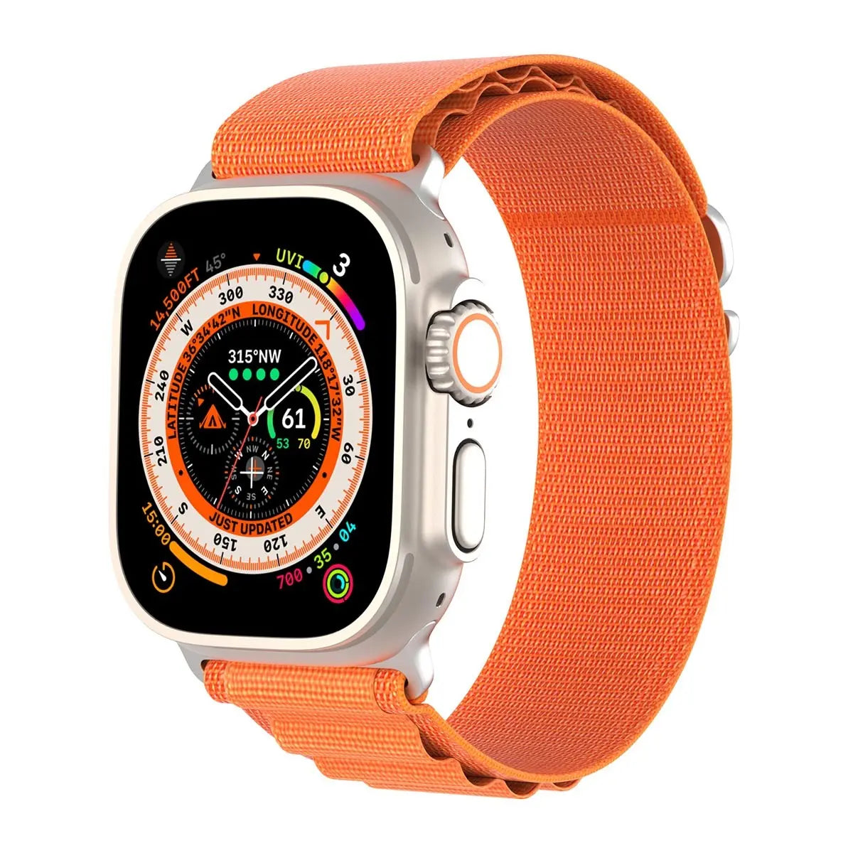 Apple Watch med orange Alpine Loop-band framifrån med tydlig urtavla.
