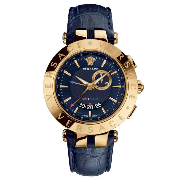 Versace 29G70D282S282 V-Race GMT Alarm Gold Bezel Navy Dial Men's Watch Versace