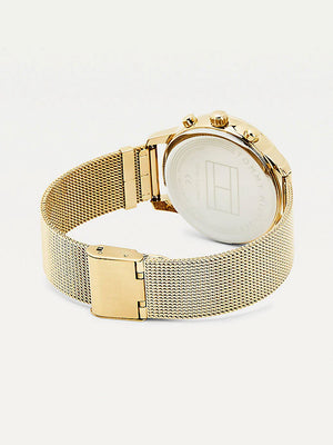 Tommy Hilfiger Blake 1782302 damklocka med guldfärgat stålarmband och guldfärgad boett, visad framifrån.