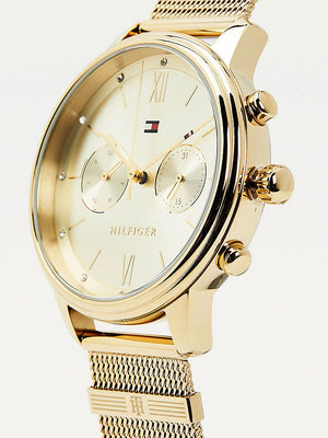 Tommy Hilfiger Blake 1782302 damklocka med guldfärgat stålarmband och guldfärgad boett, visad framifrån.