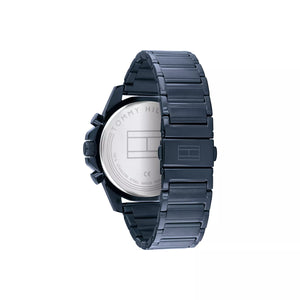 Tommy Hilfiger Mason 1791789 herrklocka med blått stålarmband och blå boett, visad framifrån.