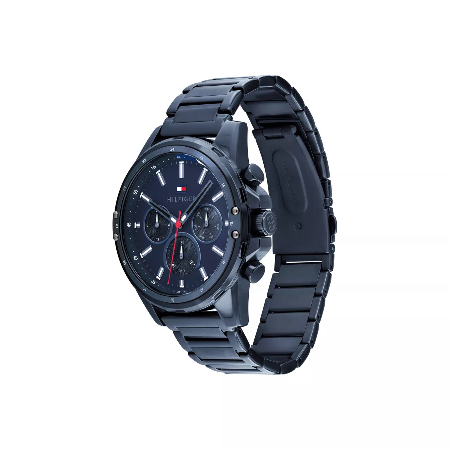 Tommy Hilfiger Mason 1791789 herrklocka med blått stålarmband och blå boett, visad framifrån.