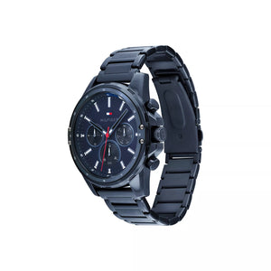 Tommy Hilfiger Mason 1791789 herrklocka med blått stålarmband och blå boett, visad framifrån.