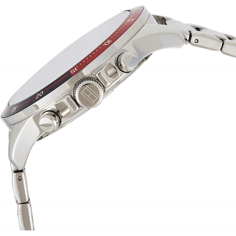 Tommy Hilfiger Bank 1791718 herrklocka med silverfärgat stålarmband och blå urtavla, visad framifrån.