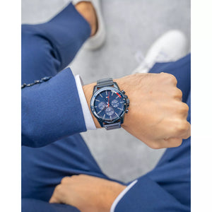 Tommy Hilfiger Mason 1791789 herrklocka med blått stålarmband och blå boett, visad framifrån.