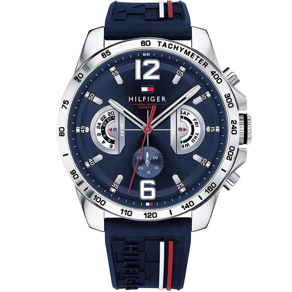 Tommy Hilfiger Decker 1791476 herrklocka med blått silikonarmband och silver boett, visad framifrån.