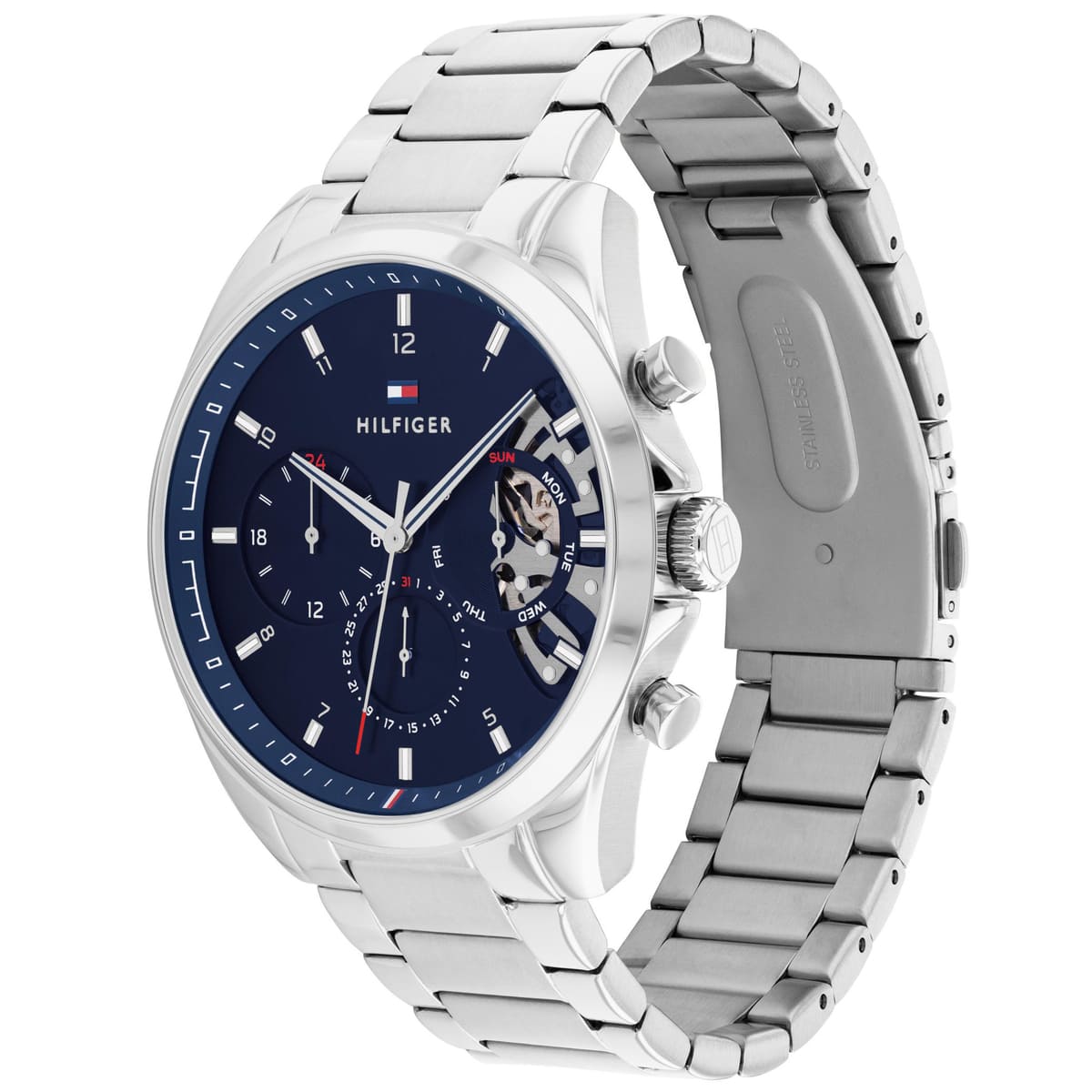 Tommy Hilfiger Baker 1710448 herrklocka med silverfärgat stålarmband och blå urtavla, visad framifrån.