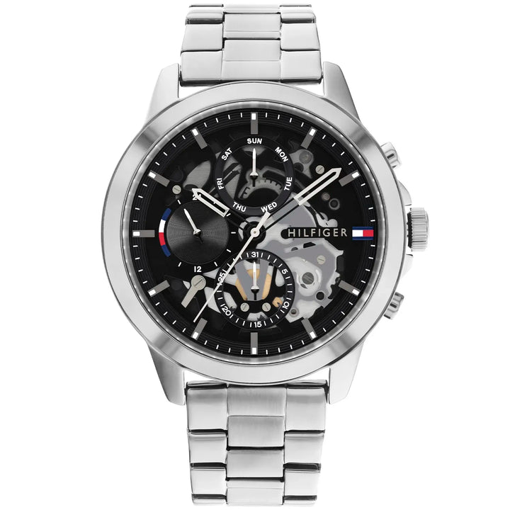 Tommy Hilfiger Henry 1710477 herrklocka med silverfärgat stålarmband och svart urtavla, visad framifrån.