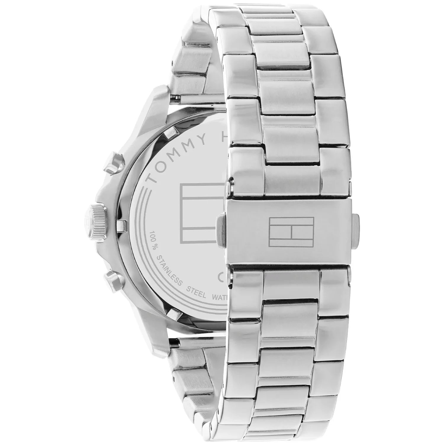 Tommy Hilfiger Henry 1710477 herrklocka med silverfärgat stålarmband och svart urtavla, visad framifrån.