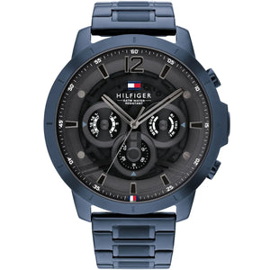 Tommy Hilfiger Luca 1710493 herrklocka med blått stålarmband och blå boett, visad framifrån.