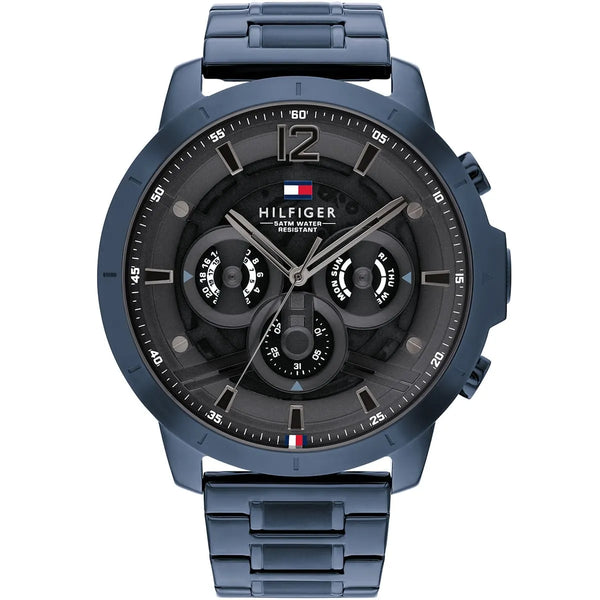 Tommy Hilfiger Luca 1710493 herrklocka med blått stålarmband och blå boett, visad framifrån.