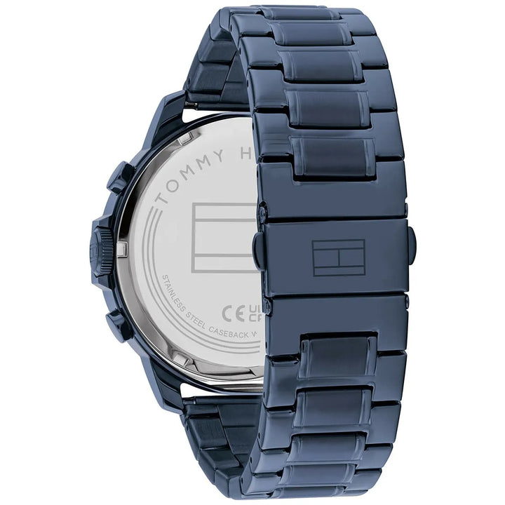 Tommy Hilfiger Luca 1710493 herrklocka med blått stålarmband och blå boett, visad framifrån.