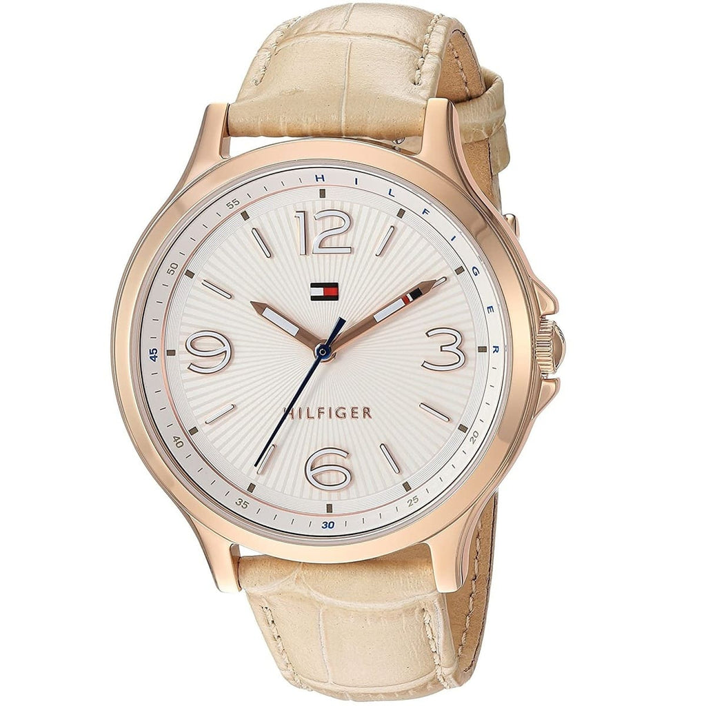 Tommy Hilfiger Amelia P4-1781710 damklocka med cremefärgat silikonarmband och roséguldfärgad boett, visad framifrån.