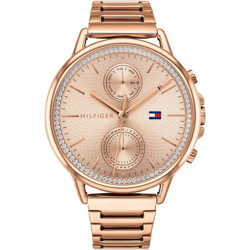 Tommy Hilfiger Carly 1781915 damklocka med roséguldfärgat stålarmband och roséguldfärgad boett, visad framifrån.