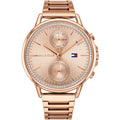 Tommy Hilfiger Carly 1781915 damklocka med roséguldfärgat stålarmband och roséguldfärgad boett, visad framifrån.