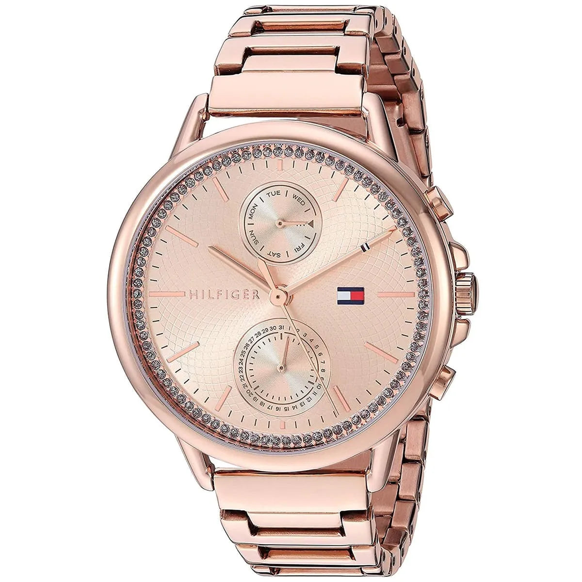 Tommy Hilfiger Carly 1781915 damklocka med roséguldfärgat stålarmband och roséguldfärgad boett, visad framifrån.
