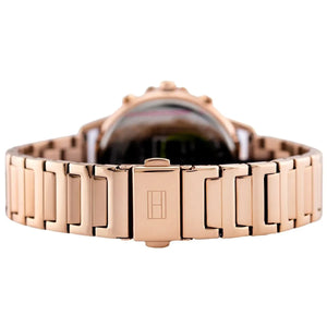 Tommy Hilfiger Carly 1781915 damklocka med roséguldfärgat stålarmband och roséguldfärgad boett, visad framifrån.