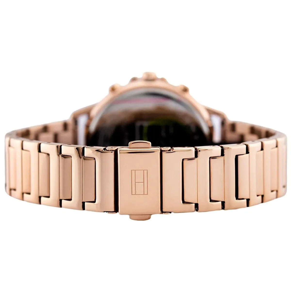 Tommy Hilfiger Carly 1781915 damklocka med roséguldfärgat stålarmband och roséguldfärgad boett, visad framifrån.
