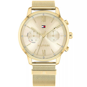 Tommy Hilfiger Blake 1782302 damklocka med guldfärgat stålarmband och guldfärgad boett, visad framifrån.