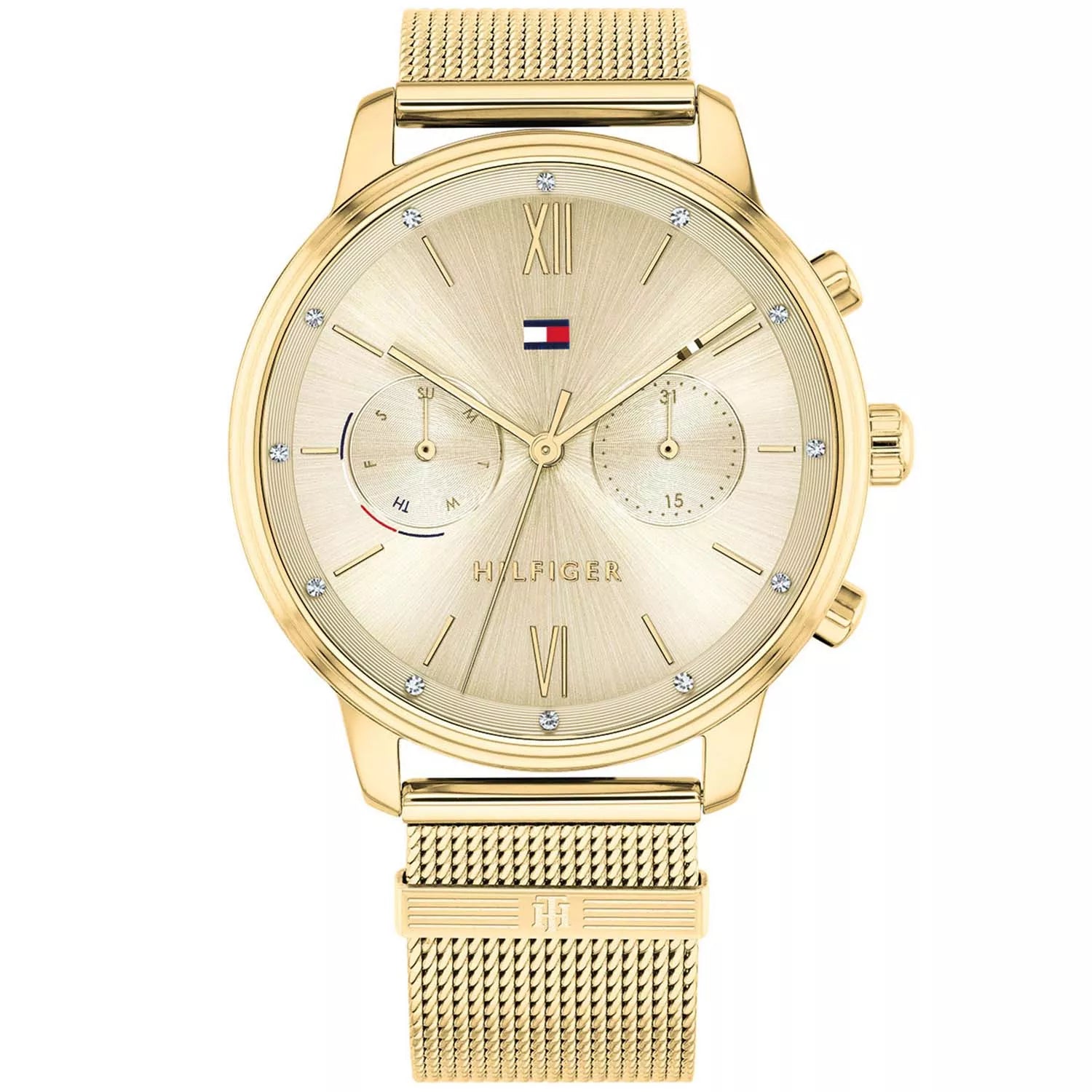 Tommy Hilfiger Blake 1782302 damklocka med guldfärgat stålarmband och guldfärgad boett, visad framifrån.