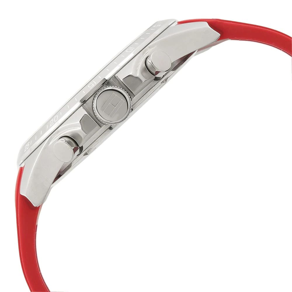 Tommy Hilfiger Decker 1791351 herrklocka med grått silikonarmband och silver boett, visad framifrån.