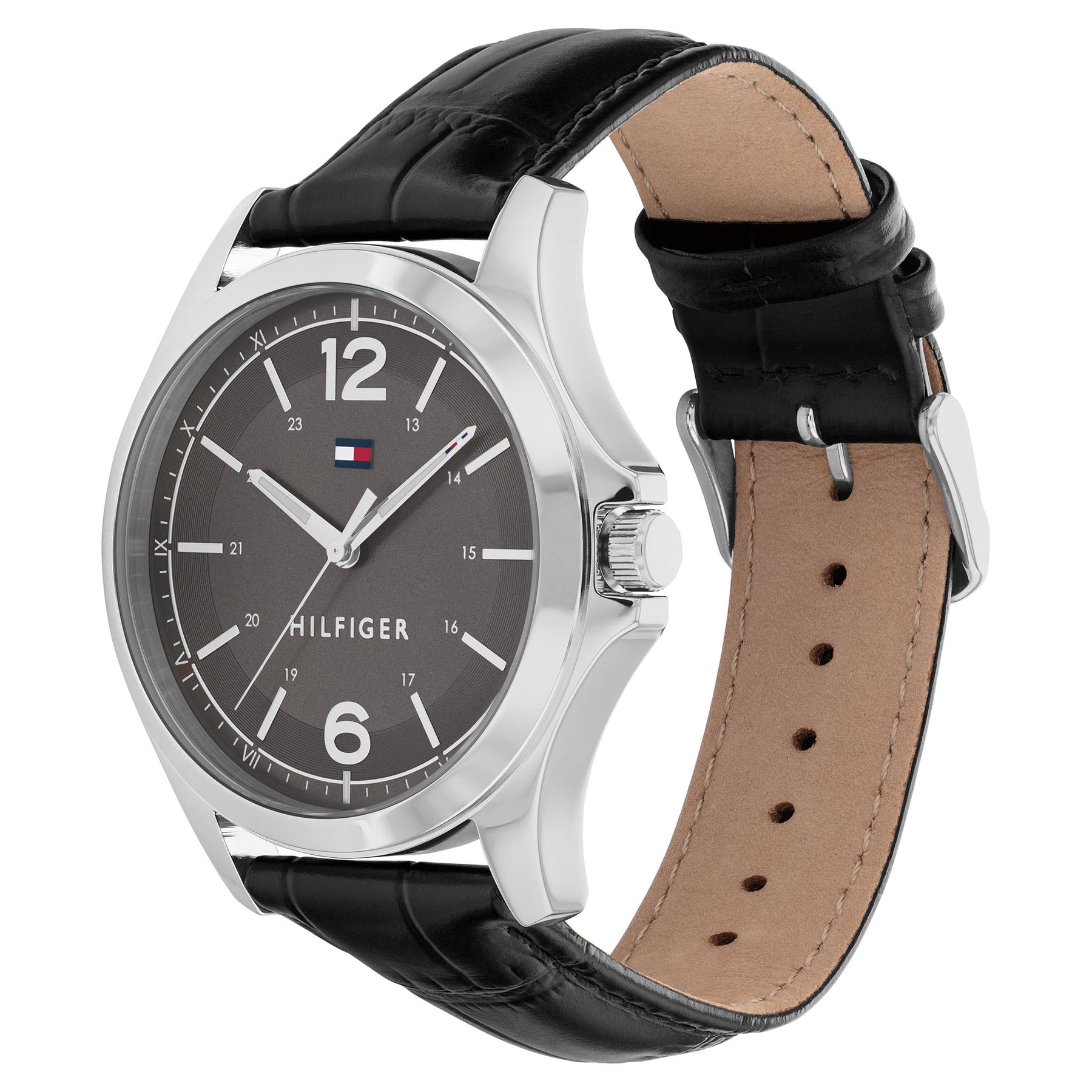 Tommy Hilfiger Essential 1791376 herrklocka med svart läderarmband och silver boett, visad framifrån.