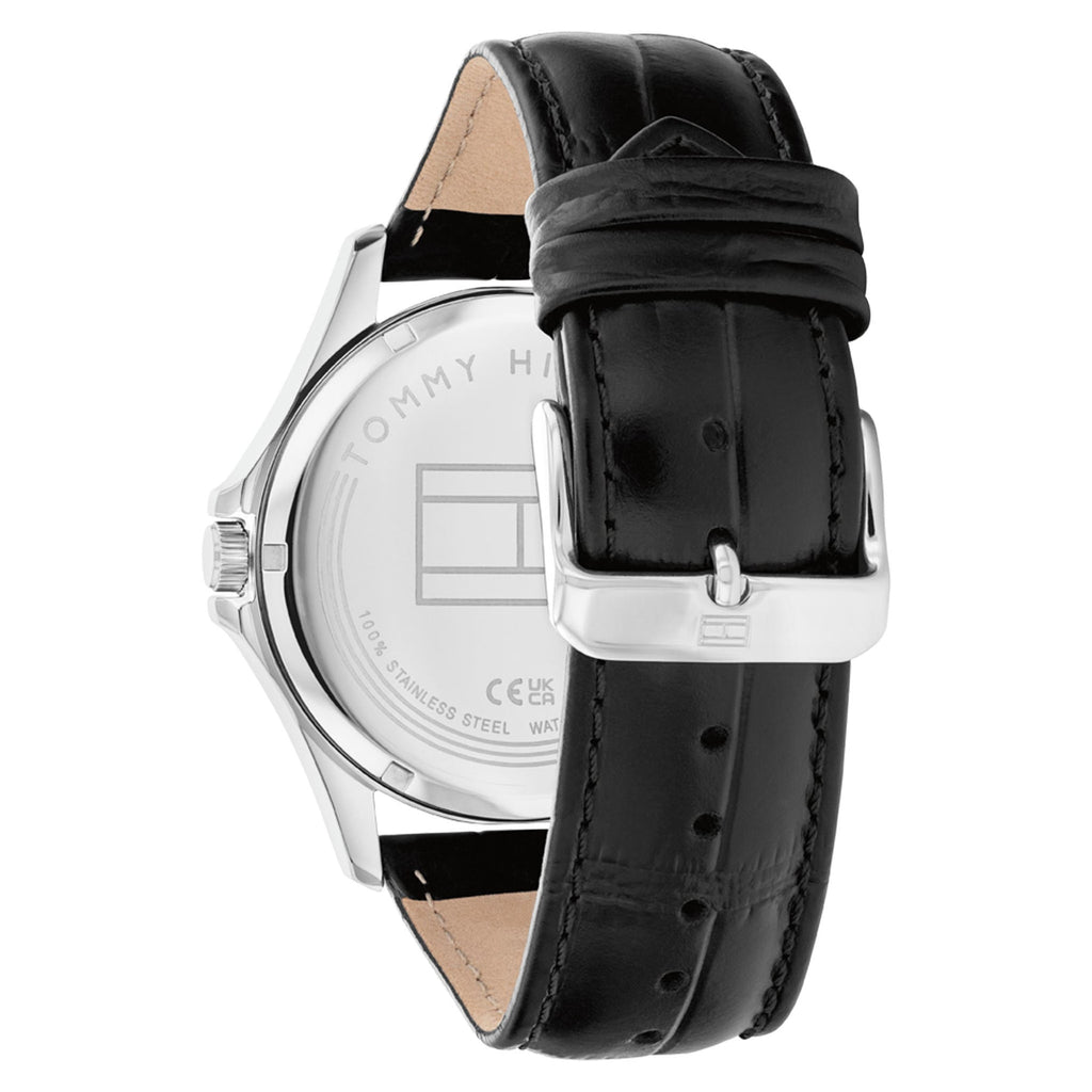 Tommy Hilfiger Essential 1791376 herrklocka med svart läderarmband och silver boett, visad framifrån.
