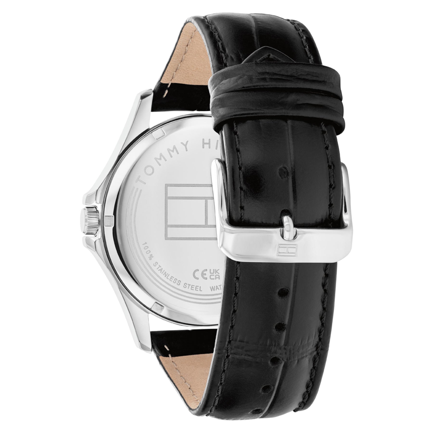 Tommy Hilfiger Essential 1791376 herrklocka med svart läderarmband och silver boett, visad framifrån.