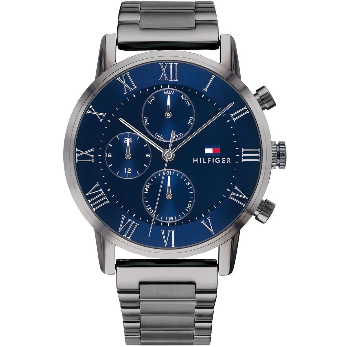 Tommy Hilfiger Kane 1791456 herrklocka med grått stålarmband och grå boett, visad framifrån.