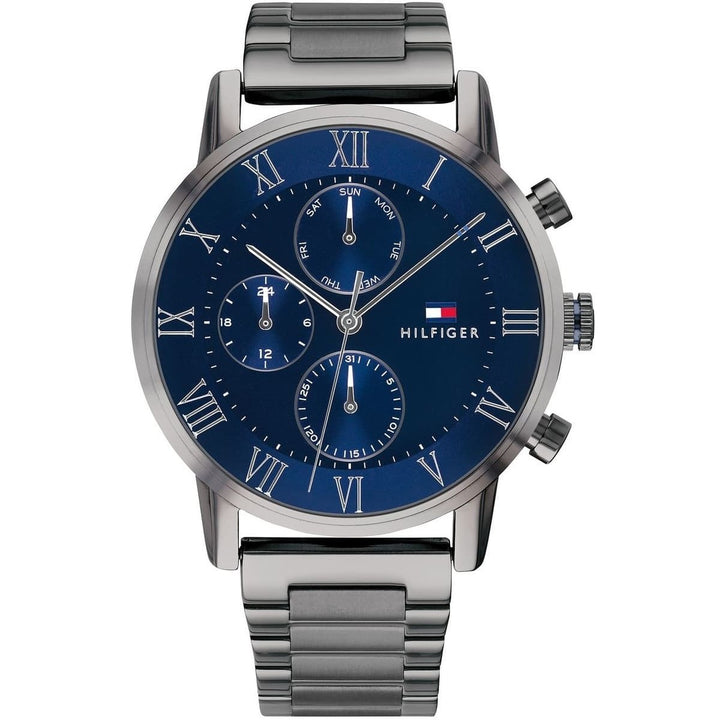 Tommy Hilfiger Kane 1791456 herrklocka med grått stålarmband och grå boett, visad framifrån.
