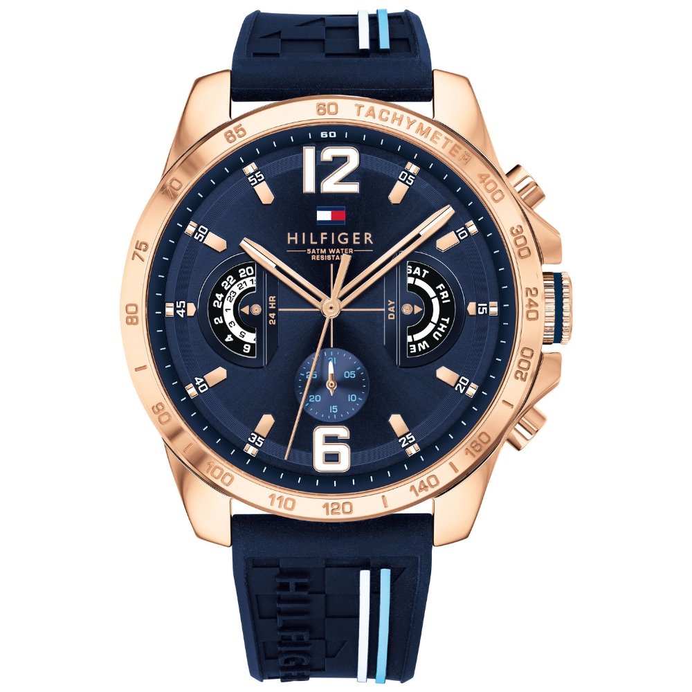 Tommy Hilfiger Decker 1791474 herrklocka med blått silikonarmband och roséguldfärgad boett, visad framifrån.