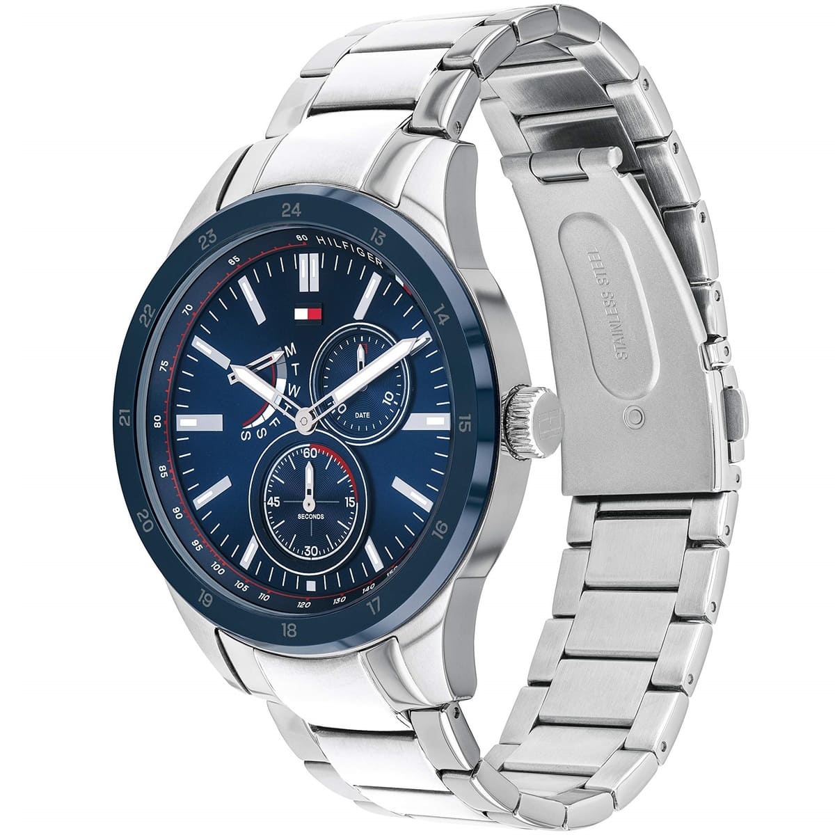 Tommy Hilfiger Austin 1791640 herrklocka med silverfärgat stålarmband och blå urtavla, visad framifrån.