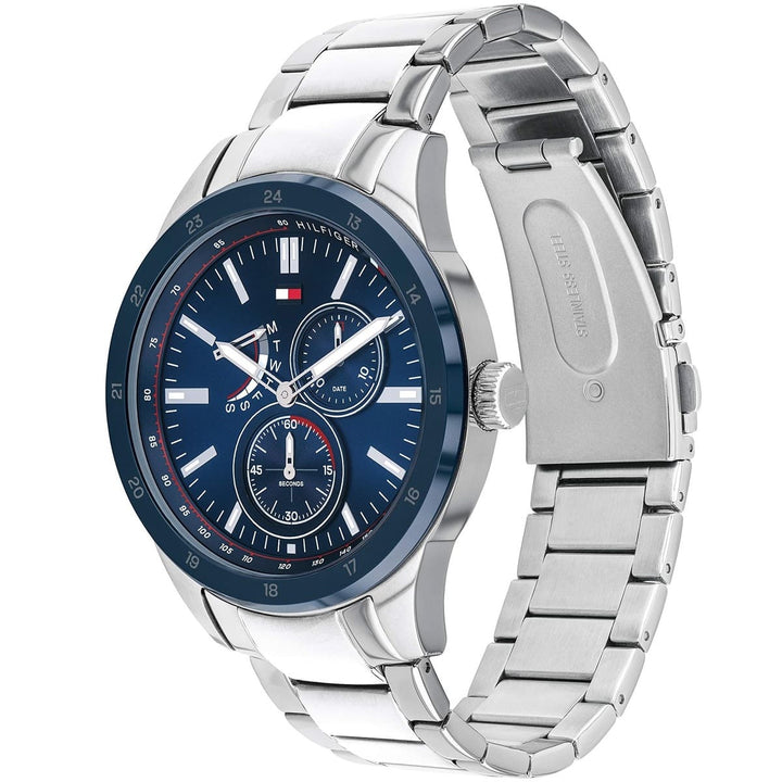 Tommy Hilfiger Austin 1791640 herrklocka med silverfärgat stålarmband och blå urtavla, visad framifrån.