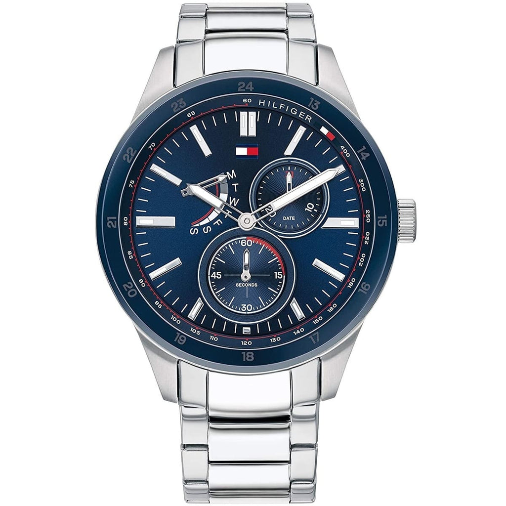 Tommy Hilfiger Austin 1791640 herrklocka med silverfärgat stålarmband och blå urtavla, visad framifrån.