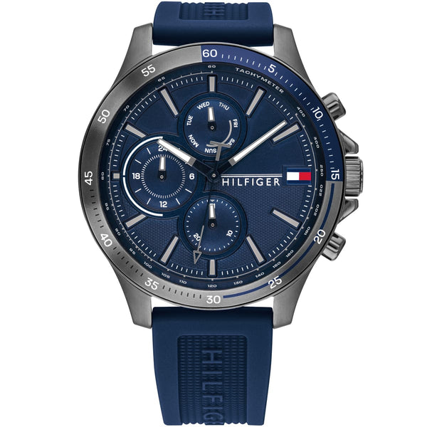 Tommy Hilfiger Bank 1791721 herrklocka med blått silikonarmband och grå boett, visad framifrån.