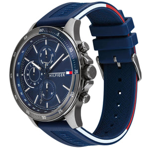 Tommy Hilfiger Bank 1791721 herrklocka med blått silikonarmband och grå boett, visad framifrån.