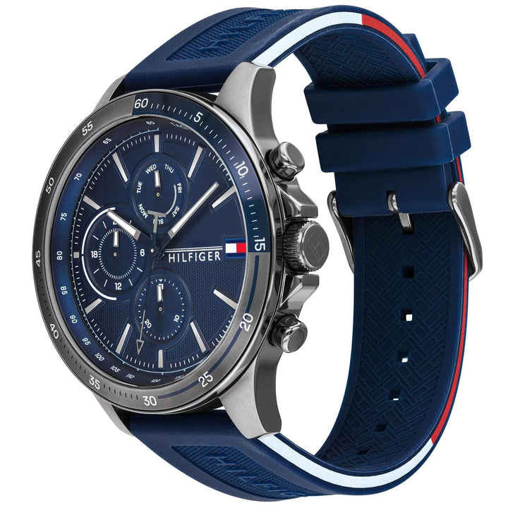 Tommy Hilfiger Bank 1791721 herrklocka med blått silikonarmband och grå boett, visad framifrån.