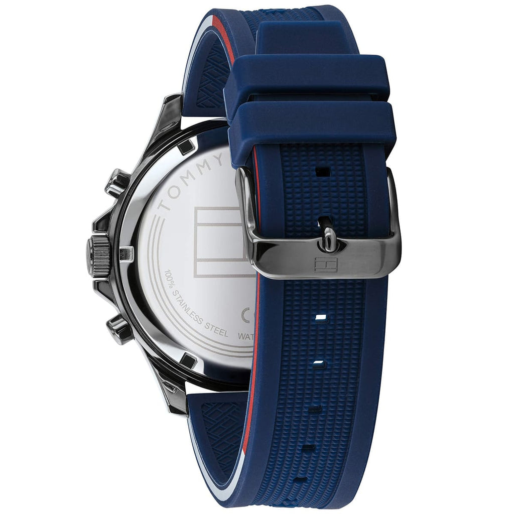 Tommy Hilfiger Bank 1791721 herrklocka med blått silikonarmband och grå boett, visad framifrån.